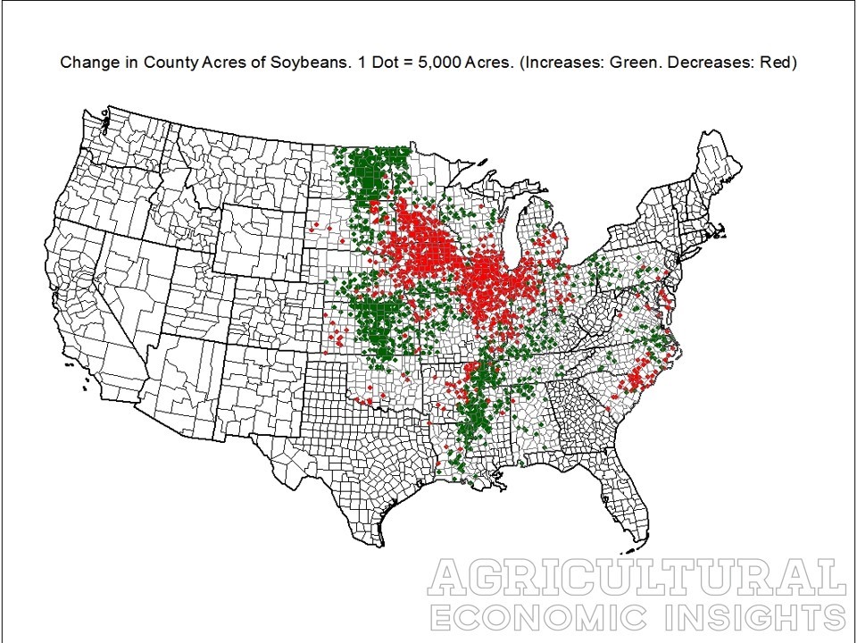 Change in Soybean Acres, County Level, Ag Trend, www.ageconomists.com